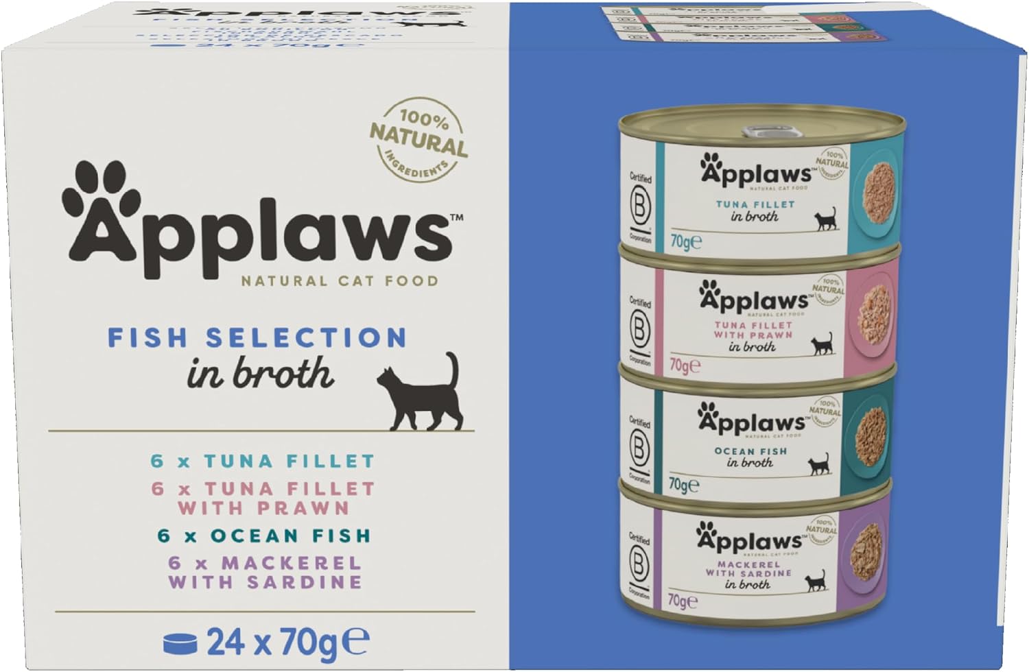 Applaws 100% naturalna mokra karma premium dla kotów, wybór ryb, wielopak w bulionie – opakowanie 24 x 70 g puszki