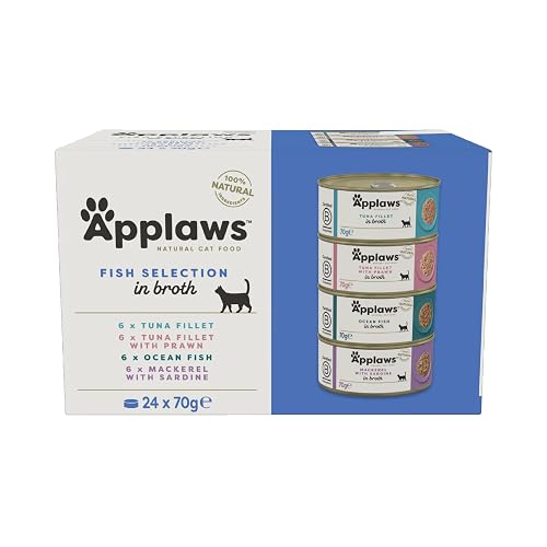 Applaws, latas de Comida húmeda Natural para Gatos, selección de Pescado en Caldo, 24 x 70 g