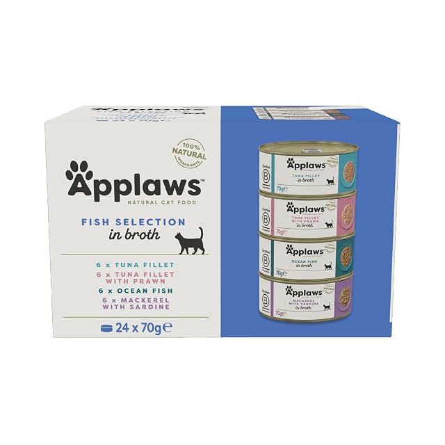 Applaws, latas de Comida húmeda Natural para Gatos, selección de Pescado en Caldo, 24 x 70 g