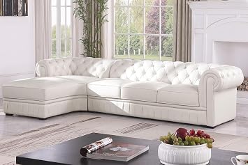 A Ainehome Luxury L Shape Sofa Set Genuine Leather Sectional Sofa Couch, Living Room Furniture Set, Chesterfield Couch with Button Tufted Design and Comfortable Seater for Living Room,Creamy White