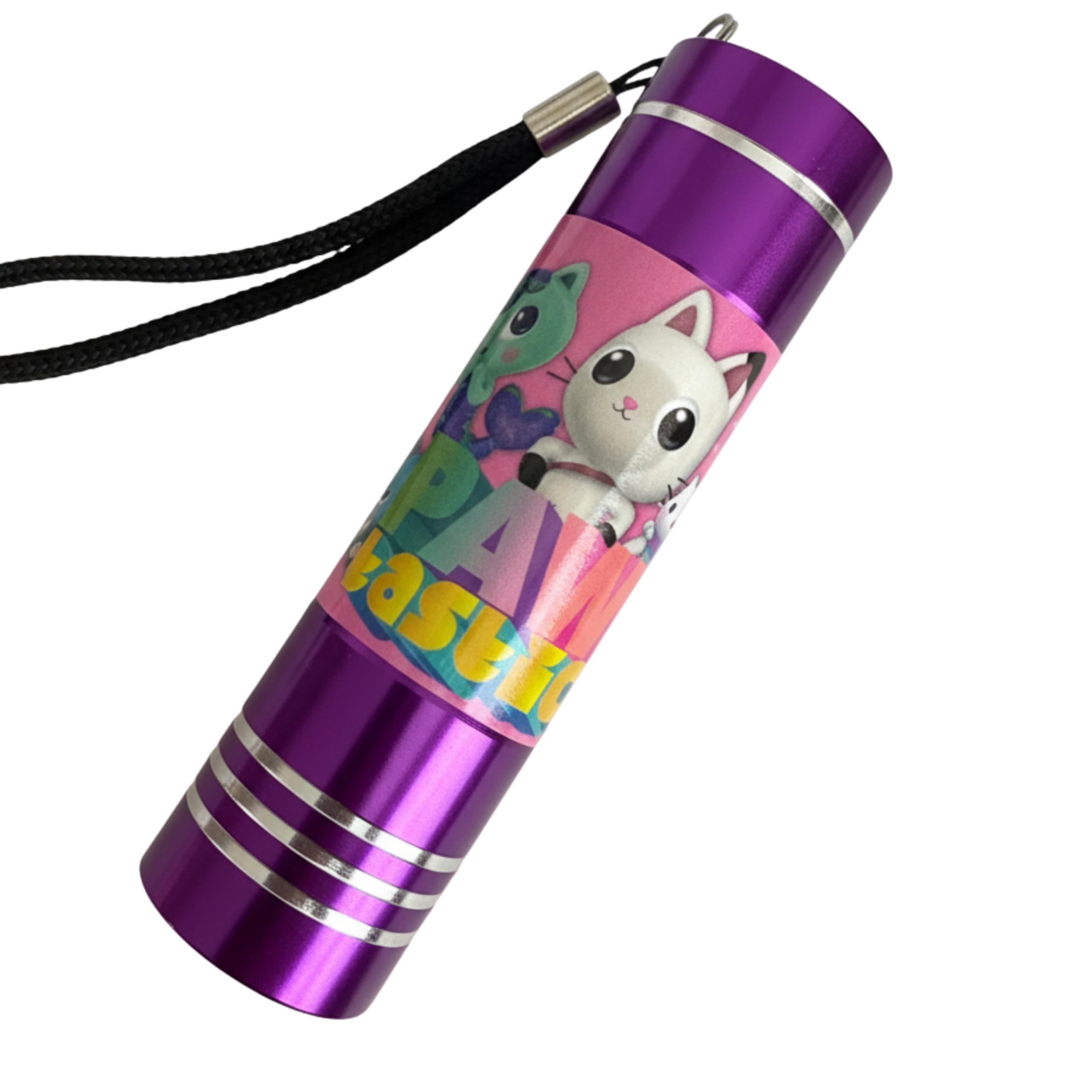 SRV Hub Purple Gabby’s Dollhouse Aluminium LED Torch – Pocket Flashlight for Boys & Girls | Water-Resistant Mini Torch with Wrist Strap & 3 AAA Batteries Included | Kids Gift & Party Filler