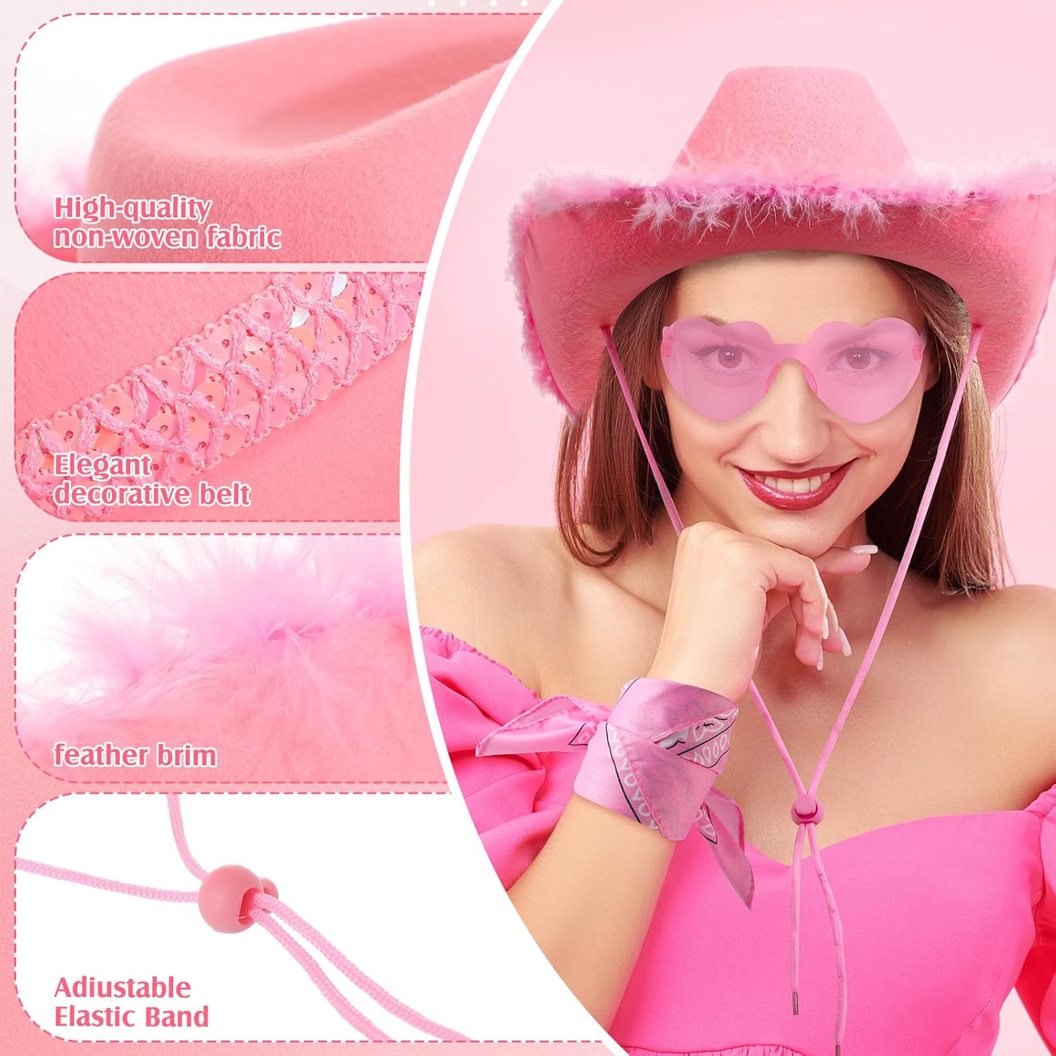 Unittype 18 Pcs Galentines Day Party Supplies Pink Cowgirl Hat with Pink Bandana Heart Shape Sunglasses Set Western Costume Dress Accessory for Women Costume Party Supplies