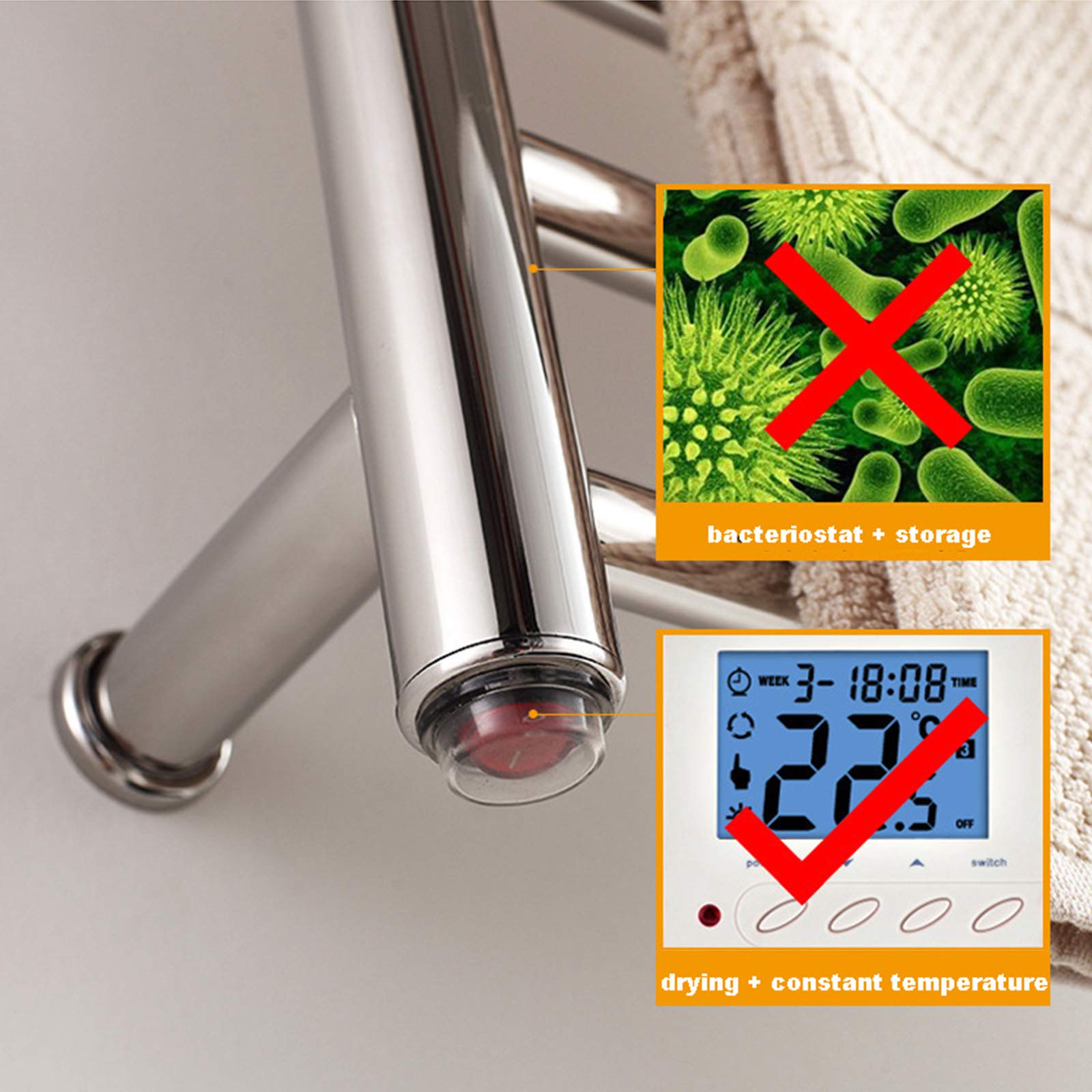Toallero Eléctrico De Pared para Baño, Riel para Toallas Calefactable De Acero Inoxidable 304 Pulido, Tendedero con Interruptor Impermeable, Cableado, Enchufe.