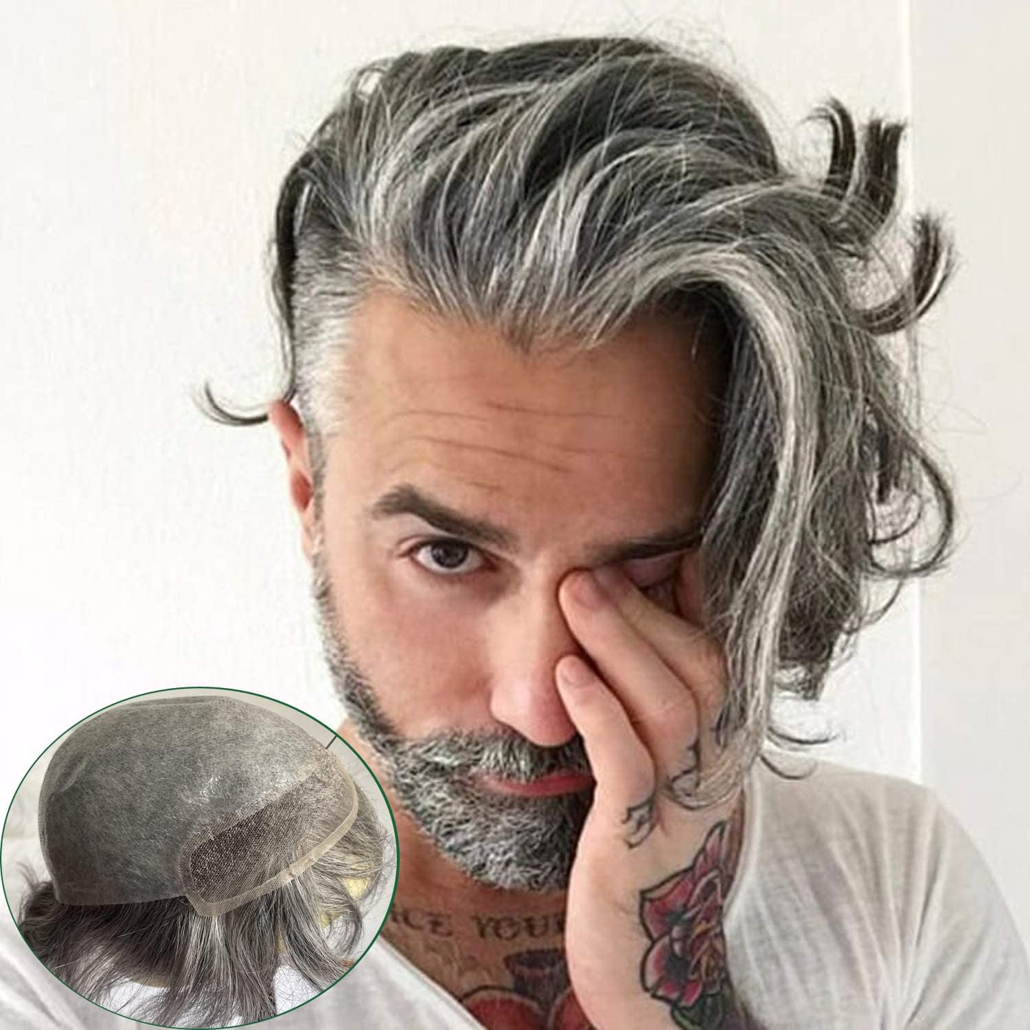 Voloria Toupee for Men European Human Hair Swiss Lace Front Hair Pieces PU Men's Hair Replacement System 40% 1B Black Hair Mixed 60% Grey Hair