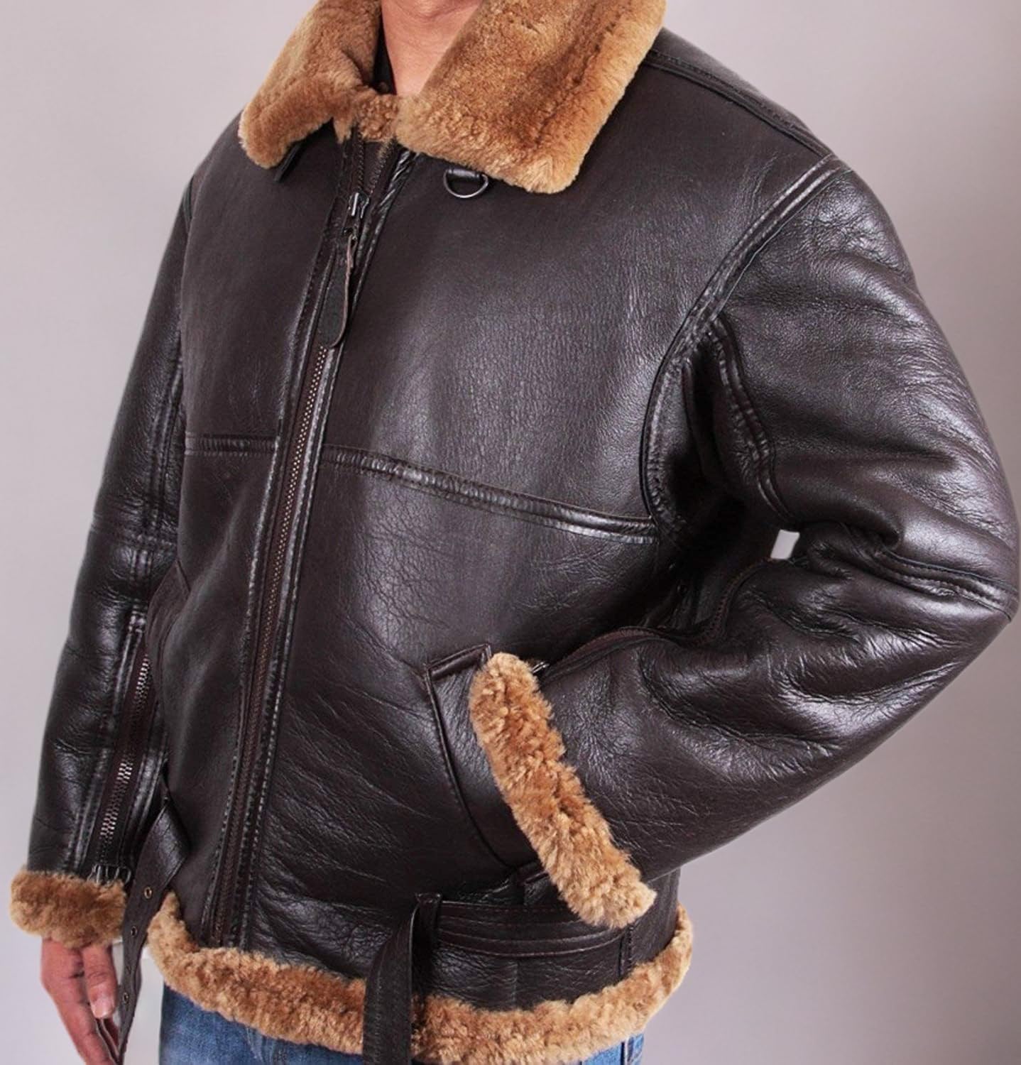 BRANDSLOCK Mens Aviator Flying B3 Real Shearling Sheepskin Leather Bomber Jacket - Image 5