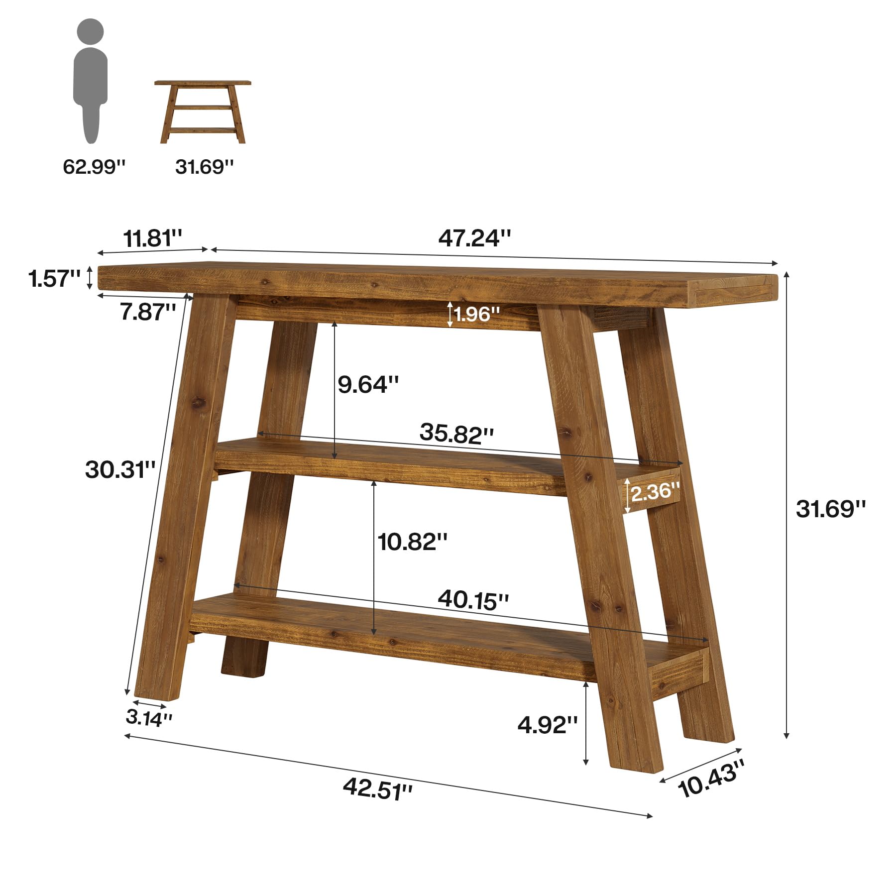 Massivholz-Konsolentisch, 120 cm langer Landhaus-Eingangstisch mit 3-stufigen Regalen, rechteckige Couch-Tische hinter dem Sofa, schmale Akzenttische für Flur, Eingang, Foyer, Wohnzimmer (Braun)