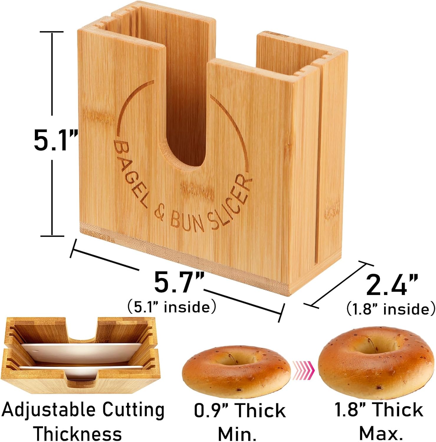 Adjustable Bagel Slicer Holder | Bamboo Bagel Cutting Holder with Width Adjustable Slots for Small & Large Bagels, Buns & English Muffins, Knife Groove for Long Bread Knife + Non-Slip Base