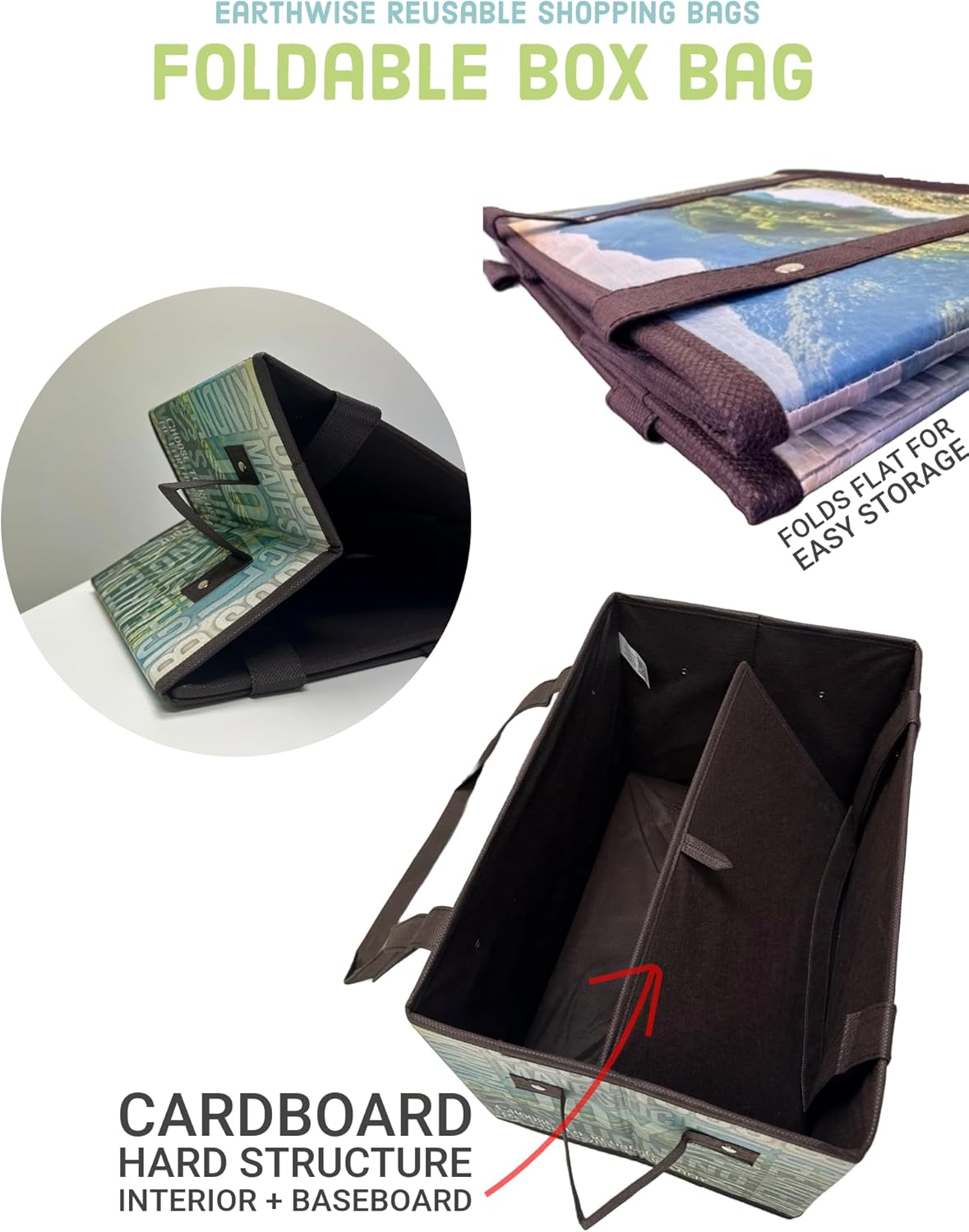 Earthwise Reusable Grocery Bags Set Shopping Box with Reinforced Bottom Heavy Duty Premium Collapsible Foldable with Long Handles Storage Boxes Eco Friendly Bins Cubes (Set of 3) - Image 3