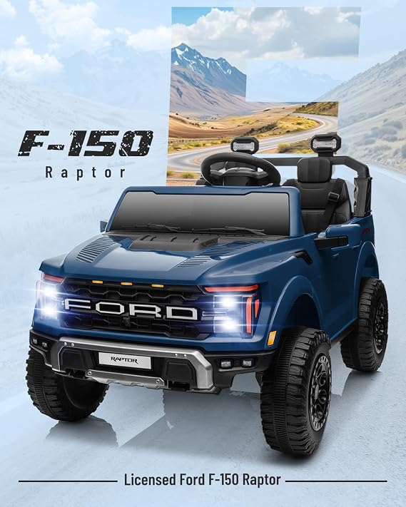 YOFE 24V Ride On Toys for Big Kids, Ford F-150 Raptor 2 Seater Ride on Car w/Remote, Power Kids Truck w/4 Wheels Suspension, Kids Electric Car w/Bluetooth, LED Lights, Truck Bed Storage (Blue)