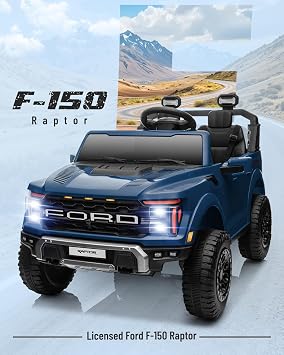 YOFE 24V Ride On Toys for Big Kids, Ford F-150 Raptor 2 Seater Ride on Car w/Remote, Power Kids Truck w/4 Wheels Suspension, Kids Electric Car w/Bluetooth, LED Lights, Truck Bed Storage (Blue)