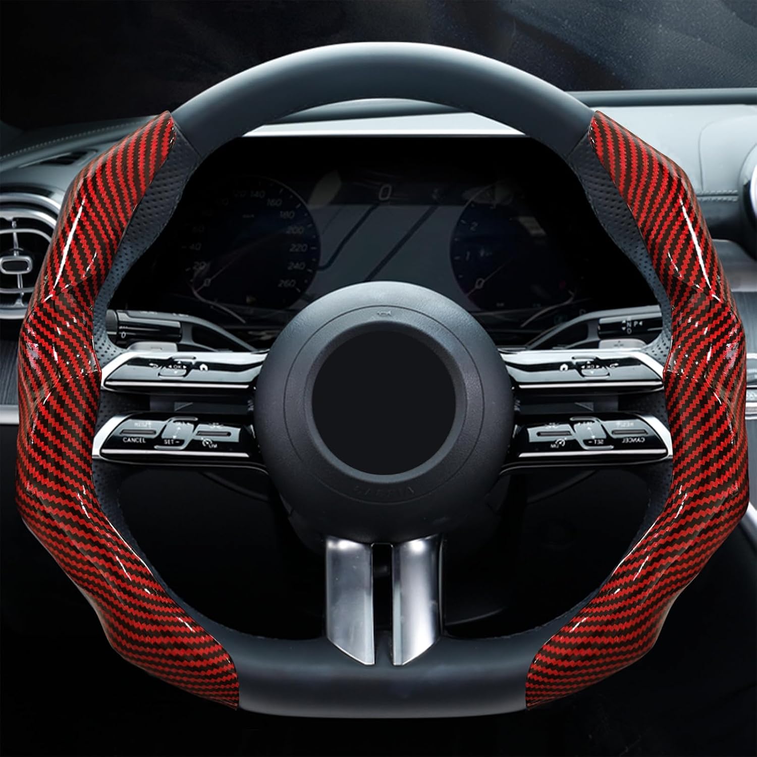 Carbon Fiber Steering Wheel Cover 2PCS Segmented Clip-on Protector (Red) image 4