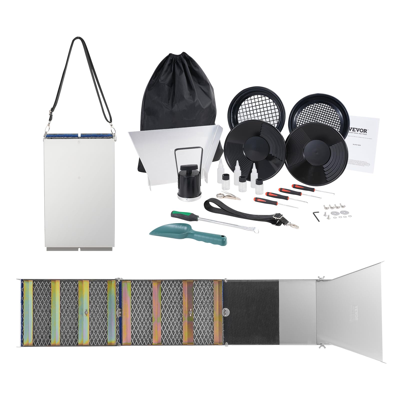 VEVOR Kit d'Orpaillage Portable 23 Pièces 127 cm Rampe d'Orpaillage en Aluminium avec Bâtée Tamis Pipettes Pelle