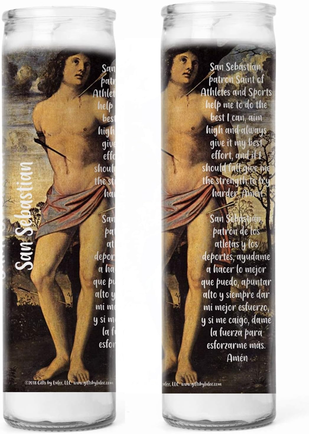 Gifts by Lulee, LLC Saint Sebastian San Sebastian Patron of Athletes and Soldiers Set of Two Glass Candles with Prayer