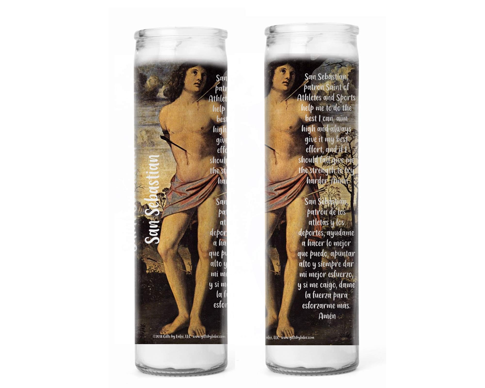 Saint Sebastian San Sebastian Patron of Athletes and Soldiers Set of Two Glass Candles with Prayer