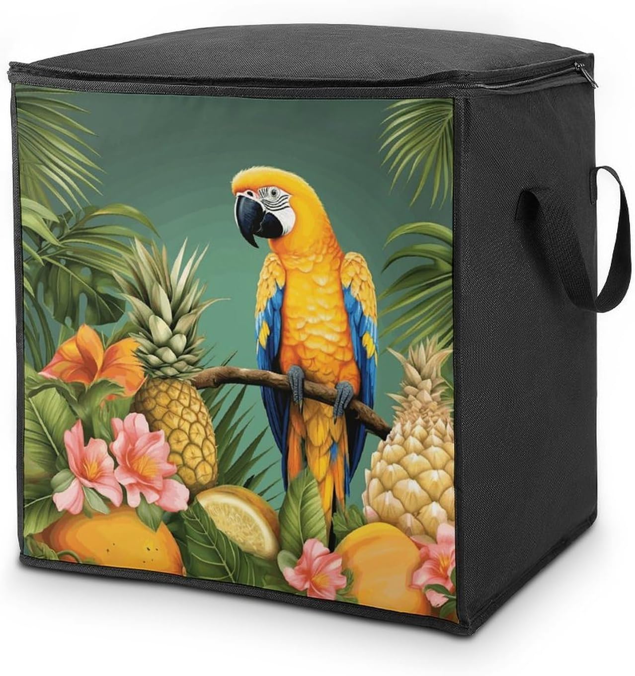 Summer Parrot Pineapple Bird Storage Bag with Zippers And Handle Extra Large Bedding Comforter Storage Bag Foldable Blanket Storage Bags Fabric Moving Bags for Closet Organizer (70L)