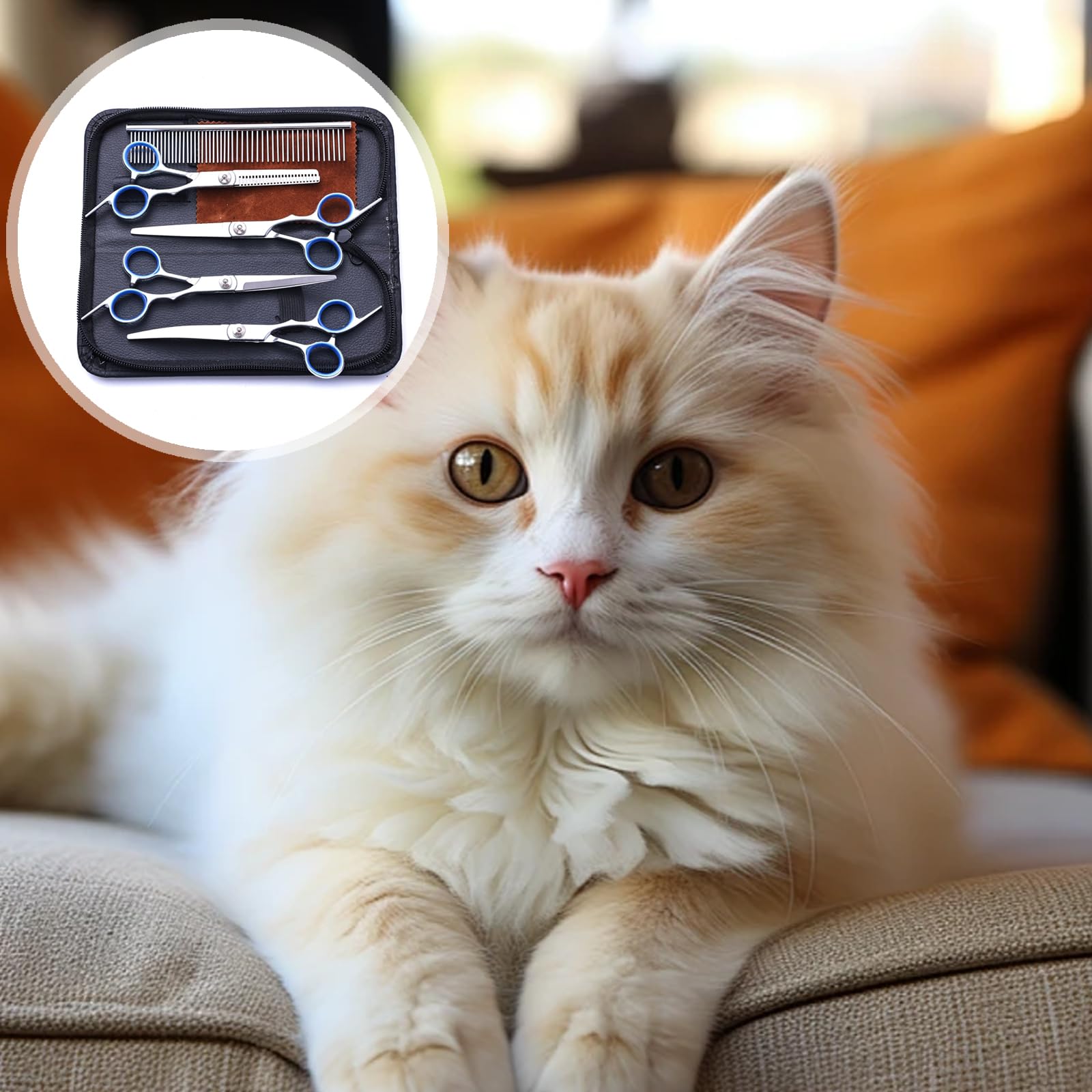 Jimkply Haustierfriseur-Set, Enthält 1 Kamm, 1 Tuch, 1 Ausdünnschere, 1 Gerade Schere, 2 Gebogene Scheren, Haustierhaarpflege, für langes Haar, kurzes Haar, Hunde, Katzen, Kaninchen