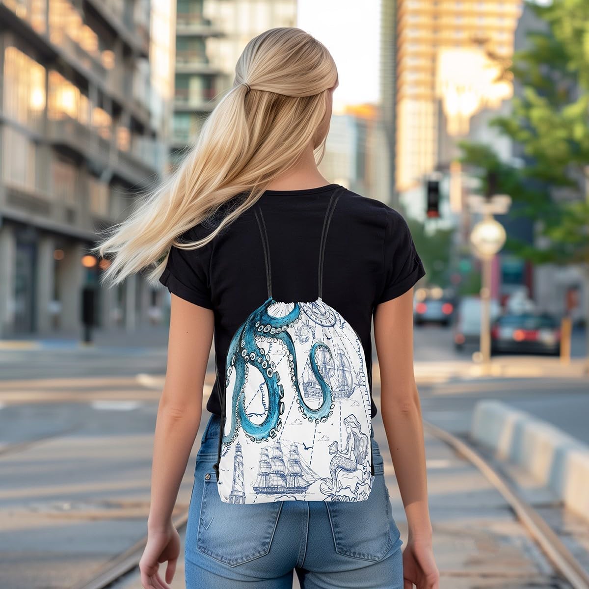 jejeloiu Ocean Kraken Drawstring Backpack 13"x15.7"