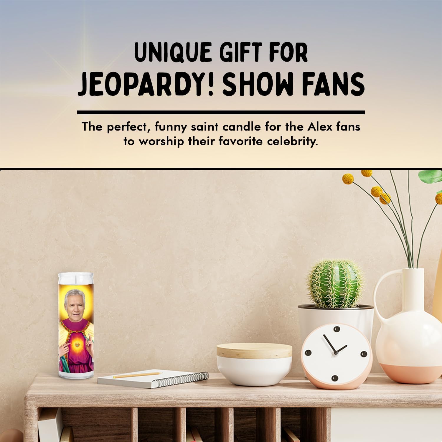Alex Celebrity Glass Jar Candle – Unscented Handmade Soy Wax Votive Candle – Unique Gift for Game Show Fans – Home Decor Collectible for Living Room & Office – 8 Inch