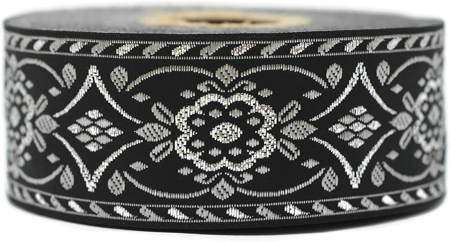 11 Yard Spool 1.37 inches Anatolian Metallic Silver and Black Jacquard Ribbon Sewing Trim Upholstery Fabric 35948