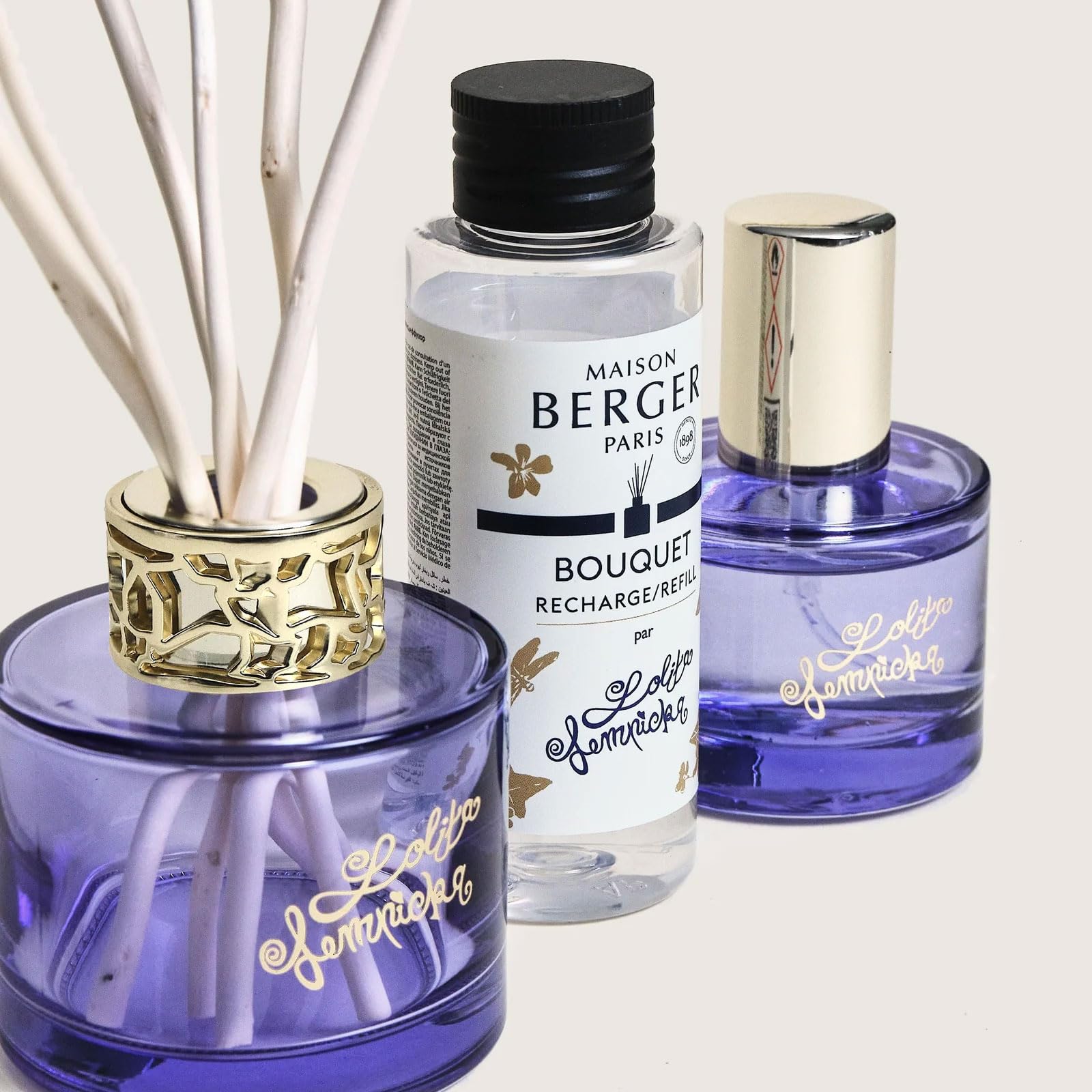 MAISON BERGER Duo Mini Bouquet & Spray d'Intérieur, Verre Laqué, 90ml & 50ml, Durée de Diffusion 3 semaines, 450 a 550 pulvérisations (Lolita Lempicka Parme)
