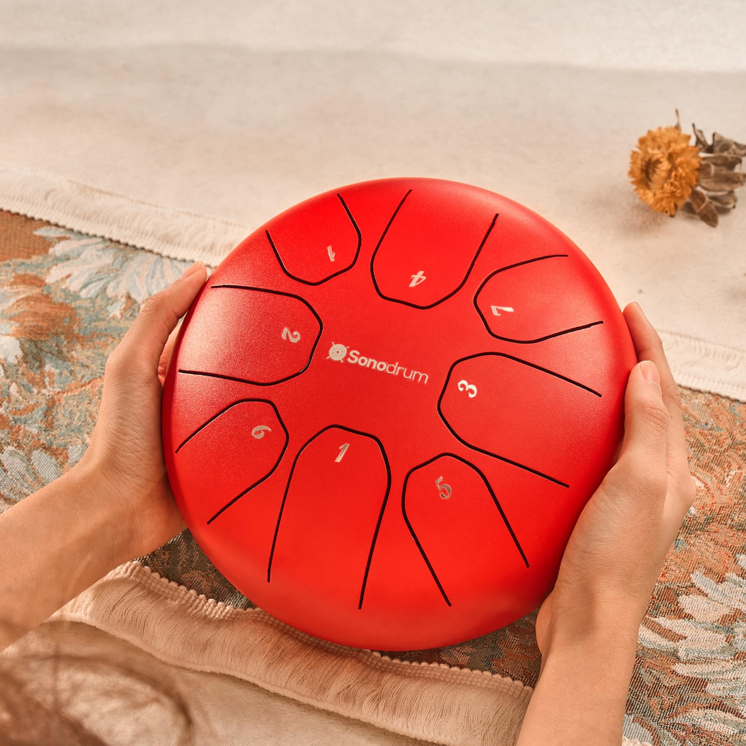 Tongue Drum “Standard C mayor” en rojo - diámetro 20cm y 8 notas. Steelpan con libro de música, bolsa y mallets. Instrumento de percusión Handpan para niños y adultos - Para meditación y yoga