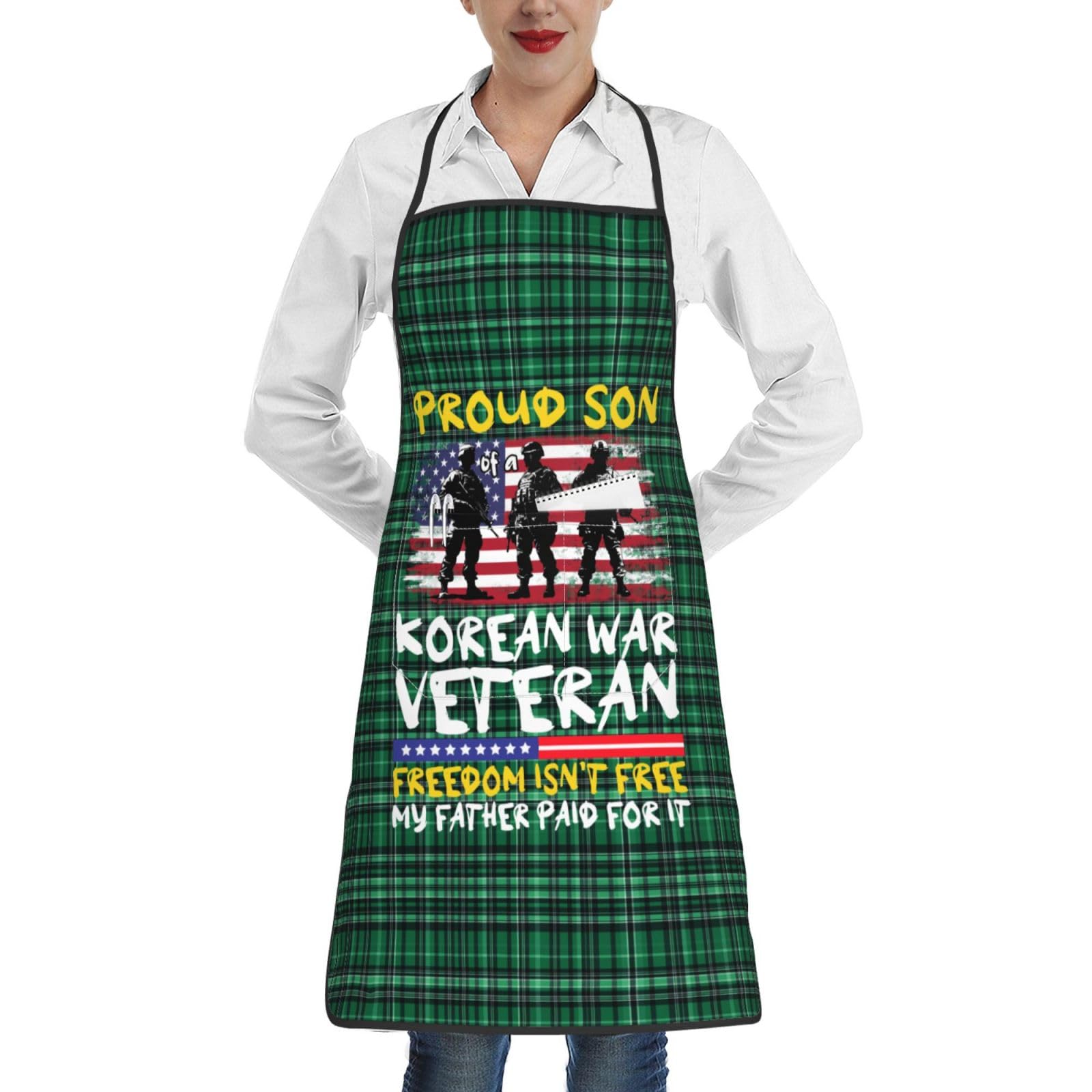 nopicsn Proud Son of a Korean War Veteran Apron for cooking with Pockets Women Men Kitchen Chef Funny Aprons