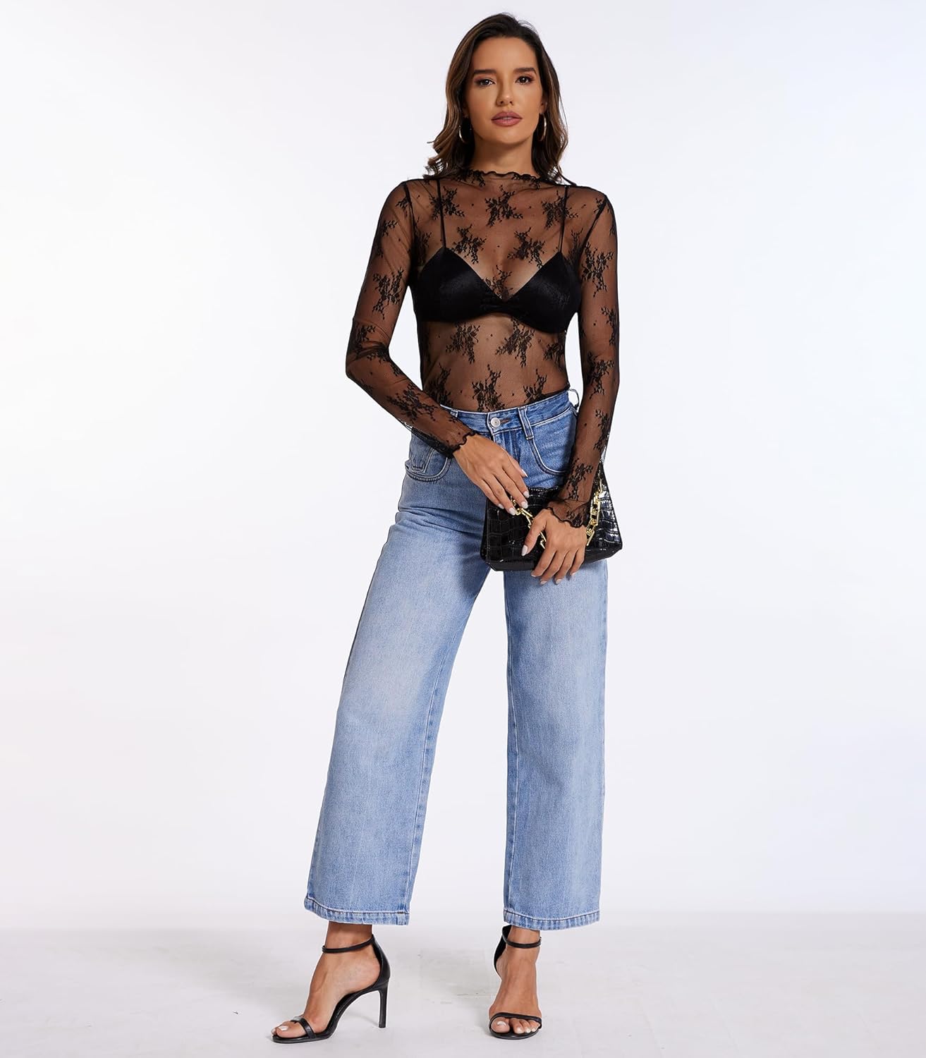 Womens Lace Long Sleeve Mesh Top Mock Neck Sheer Blouse See Through Floral Layering Shirt - Image 4
