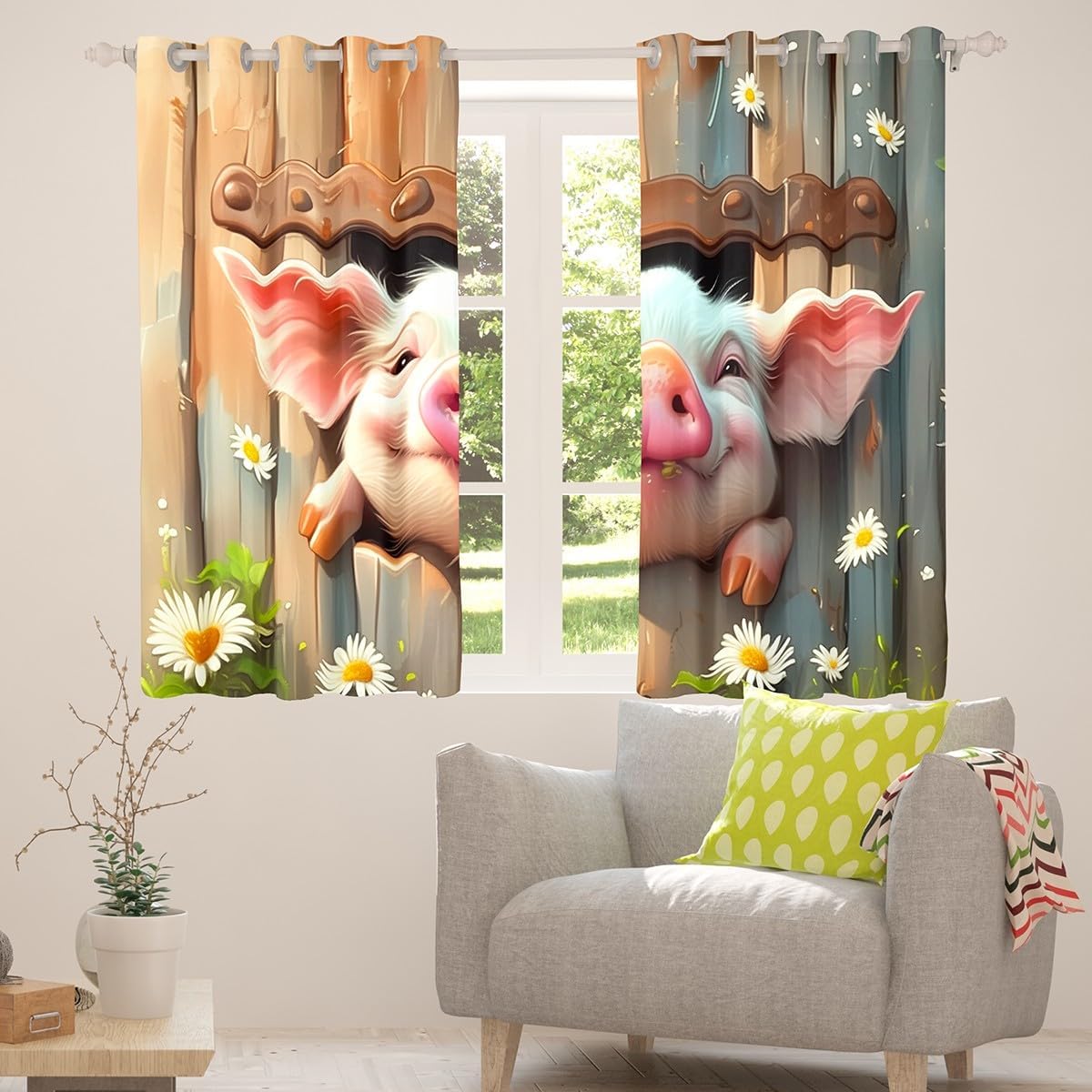 Manfei Cute Pig Blackout Curtain Farm Animal Theme Window Drapes for Kids Boy Girl Room Decor, Retro Wooden Barn Door Window Treatments, Grommet Top 2 Panel Set Bedroom Curtains, 38Wx45L inch