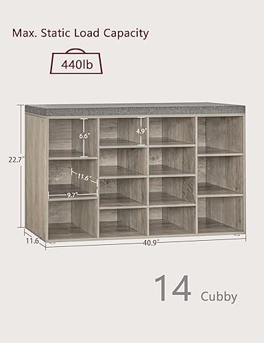 Miniatura 194 de DINZI LVJ Banco organizador de zapatos con cojín, zapatero de 9 cubos y estantes ajustables, multifuncional, para salas de estar, dormitorio, Gris