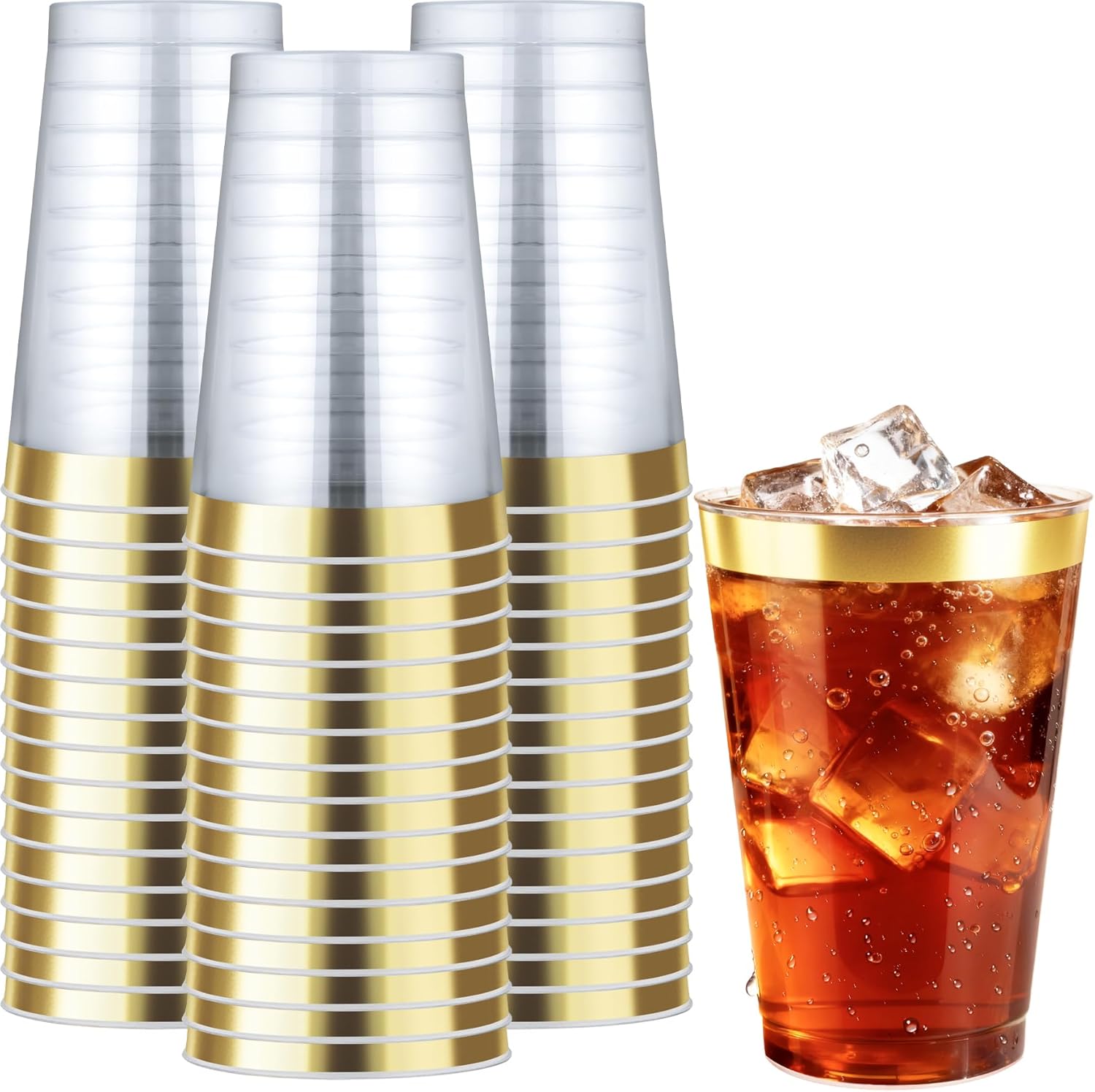 12OZ Plastic Cups with Gold Rimmed Sturdy & Food Safe Disposable Wine Glasses Weeding Party Cups Disposable Drinking Cups Plastic Cocktail Glasses for Wine, Juice & Cold Beverages [200 Pack]