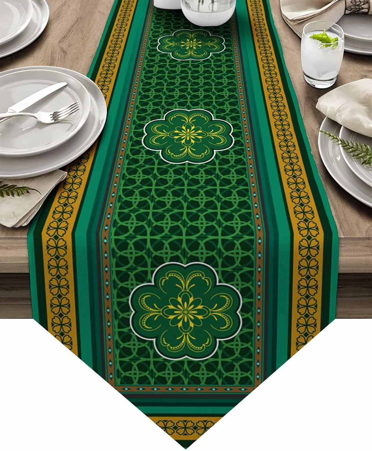 Chic Durable Linen Burlap Table Runners Dresser Scarf, Rustic, Green Shamrock Decor Clover Pattern Sharp Corner Washable Fabric Table Runner for Dining, Farmhouse, Wedding, Party Decor 13x70 inch