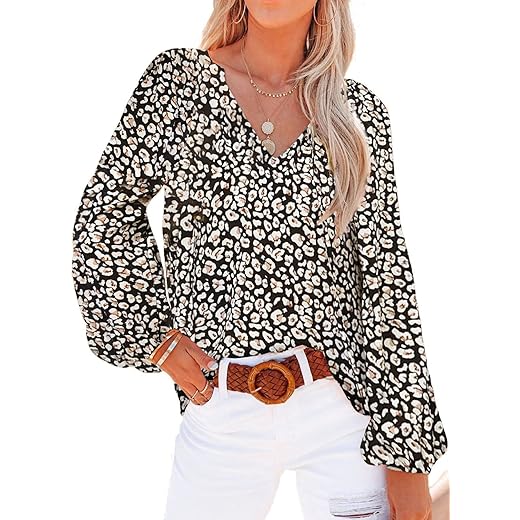 Dokotoo Womens 2023 Fashion Floral Printed V Neck Tie Top Boho Long Sleeve Blouses for Work Juniors Loose Dressy Chiffon Shirts Large White