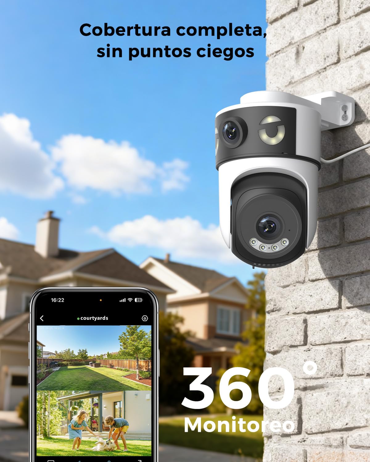 Reobiux 2K Camara Vigilancia WiFi Exterior con Doble Lente, Cámara IP Vigilancia Domicilio con Visión Nocturna Color, Seguimiento Automático, Audio Bidireccional, Grabación Continua 24/7, 2 Pack