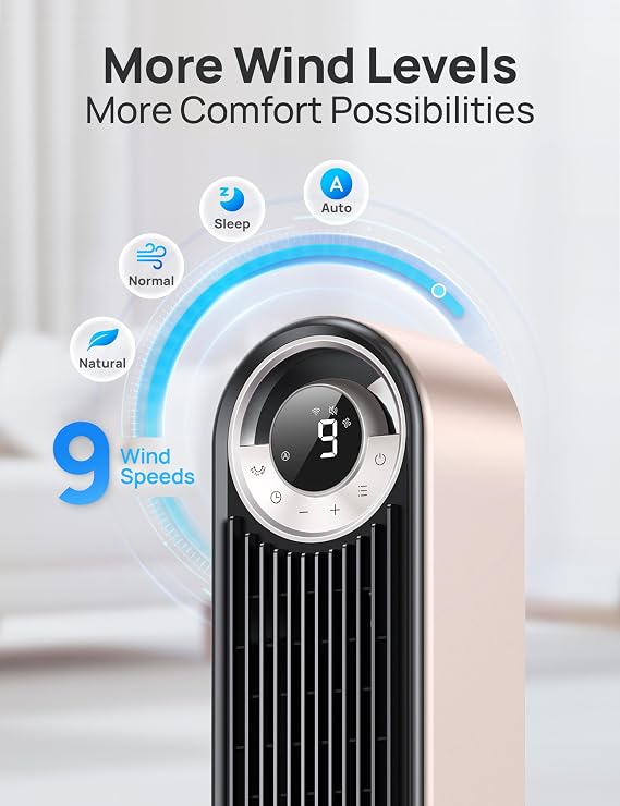 Dreo Smart Tower Fans for Home, 90 Oscillating Fan Bedroom Indoors, Voice Control Floor with 12H Timer, 42 Inch Quiet Bladeless Standing LED Display, 9 Speeds, Work Alexa/Google