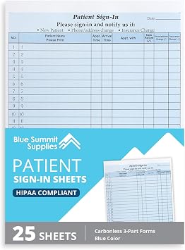Blue Summit 25 Patient Sign in Sheets HIPAA Compliant Peel Off, Privacy Sign in Sheets for Doctors Office, Carbon Copy 3 Part Forms with Peel Off Adhesive Labels, Blue