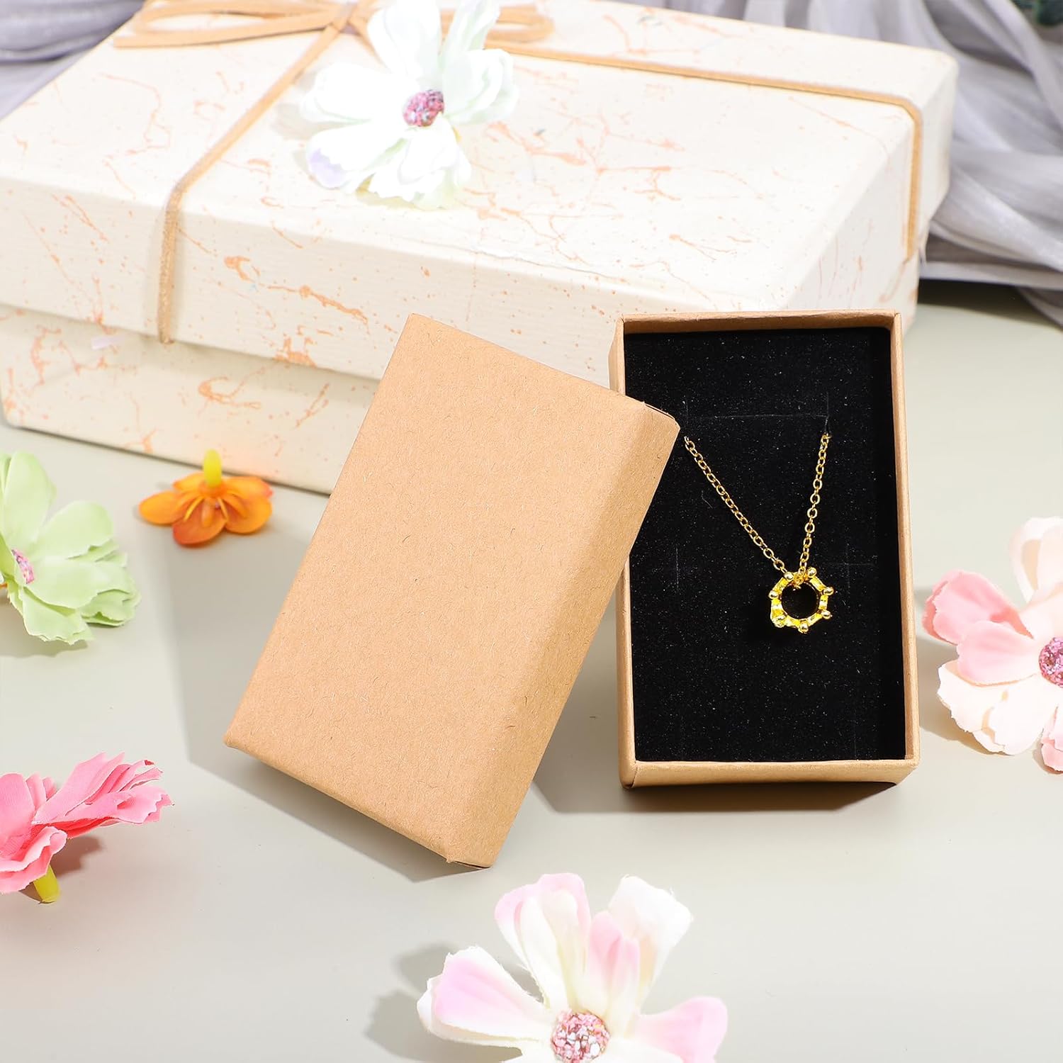 100 Pcs Jewelry Gift Boxes Bulk 3.2 x 2 x 1.2 Inch Kraft Jewelry Cardboard Boxes Small Christmas Gift Box with Lids for Necklace Earring Bracelet Ring Storage Display (Brown)