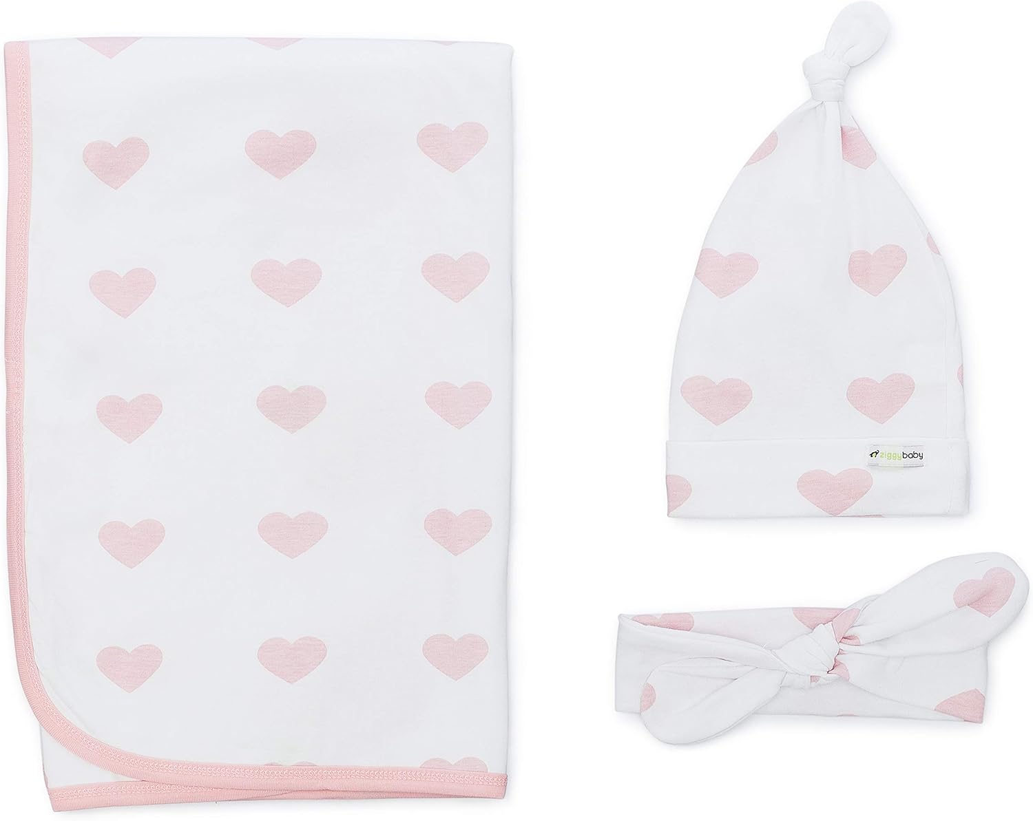 Ziggy Baby Peony & Heart 5 Piece Blanket, Hat and Headband Collection Pink White