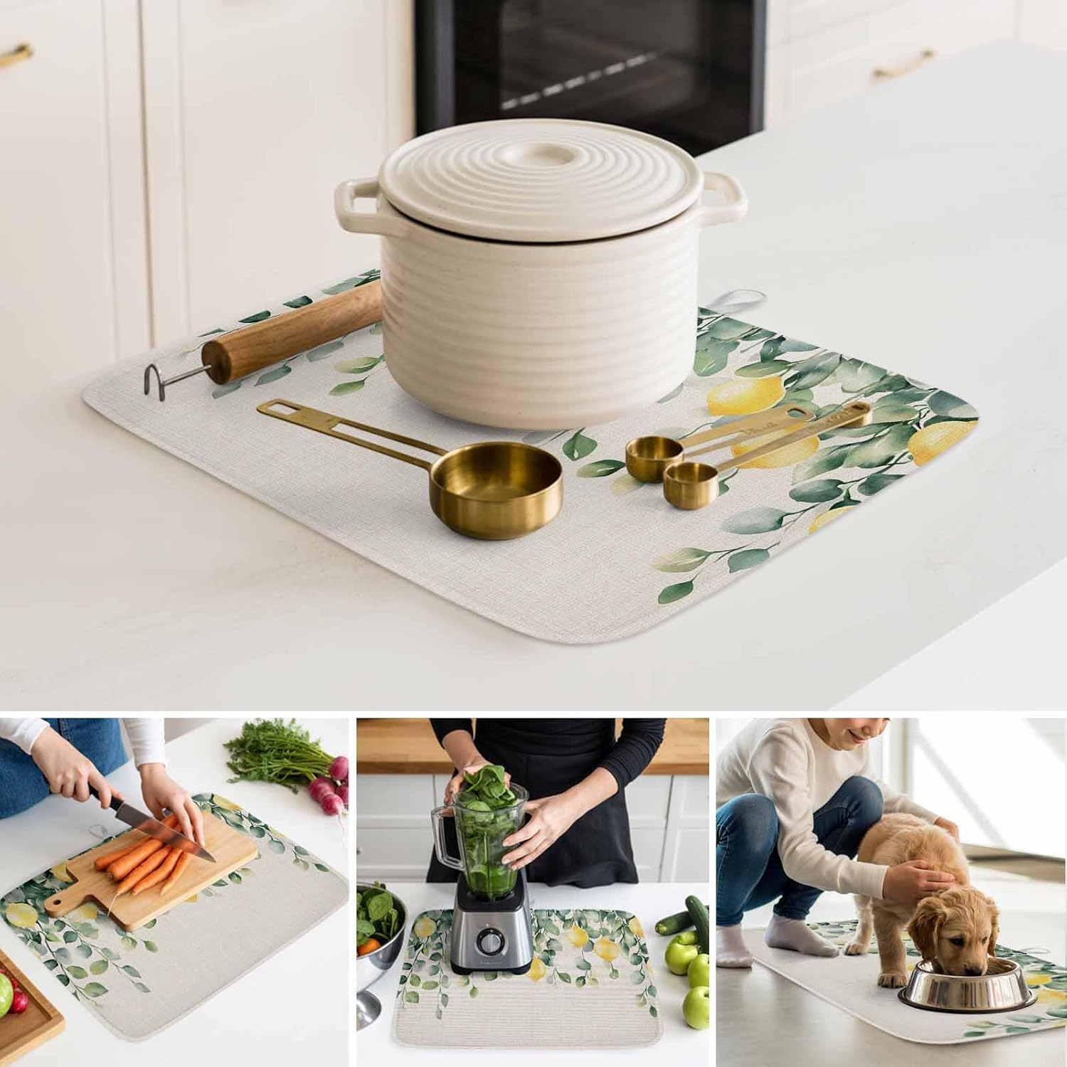 Farm Lemon Eucalyptus Leaves Dish Drying Mats for Kitchen Counter,Absorbent Microfiber Dish Drainer Rack Mat Country Fruit on Retro Linen Drying Pad for Sinks,Utensils,Countertops,18x24in