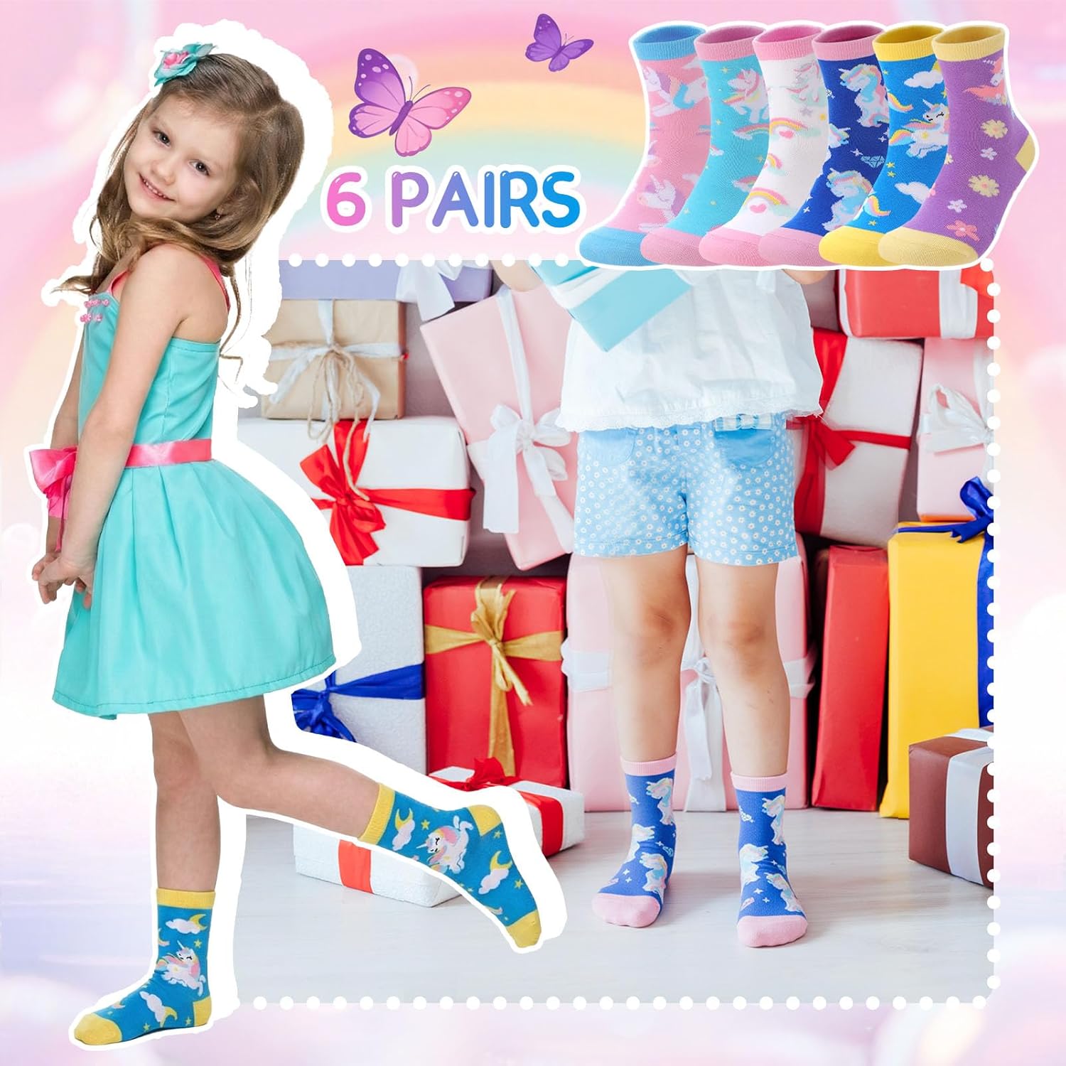 6 Pairs Girls Socks Cute Unicorn Colorful Rainbow Pattern Crew Funny Cotton Fashion Crazy Sock for Kids - Image 3