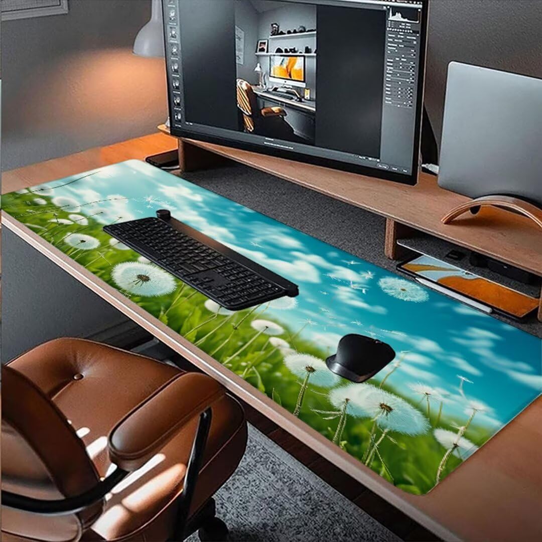Biała podkładka pod mysz pod biurko, podkładka pod mysz XXL 1000 x 500 x 3 mm, podkładka pod mysz mniszek lekarski antypoślizgowa wodoodporna podkładka pod mysz, podkładka pod mysz z przeszytymi