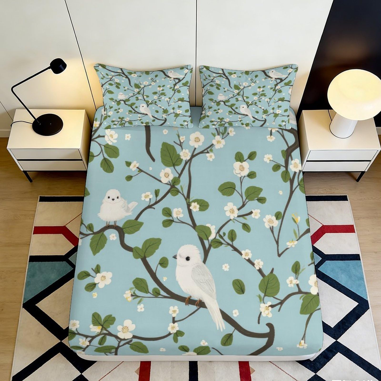 3D Printed Bird Branch Fitted Sheet Microfiber Deep Pocket for Adults Bedroom Bedding Bird Branch Mattress Fitted Cover 120x200x25cm