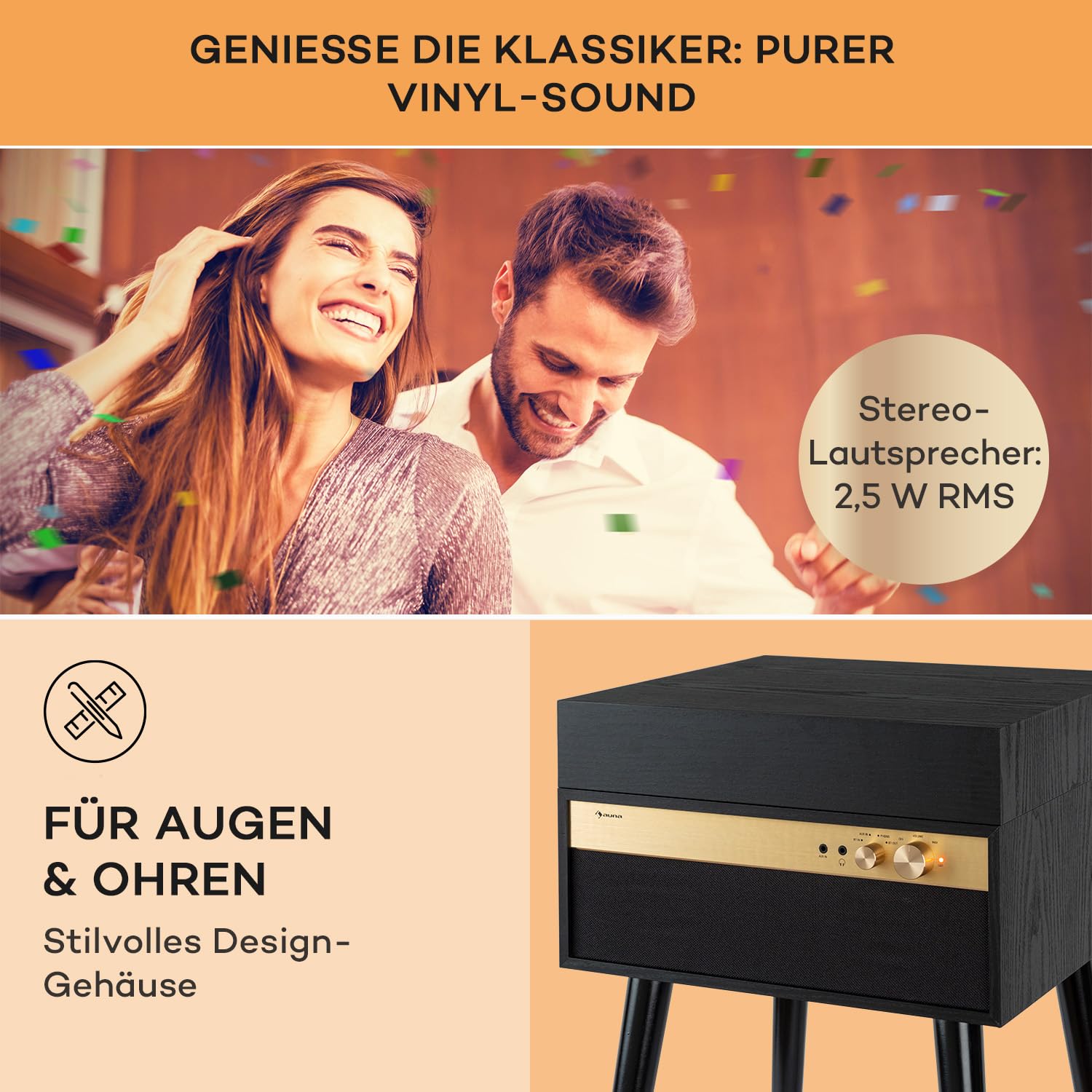 Auna Plattenspieler mit Lautsprecher, Plattenspieler mit Bluetooth & Standfüßen, Retro-Schallplattenspieler Bluetooth Transmitter & Receiver, Moderner für Schallplatten
