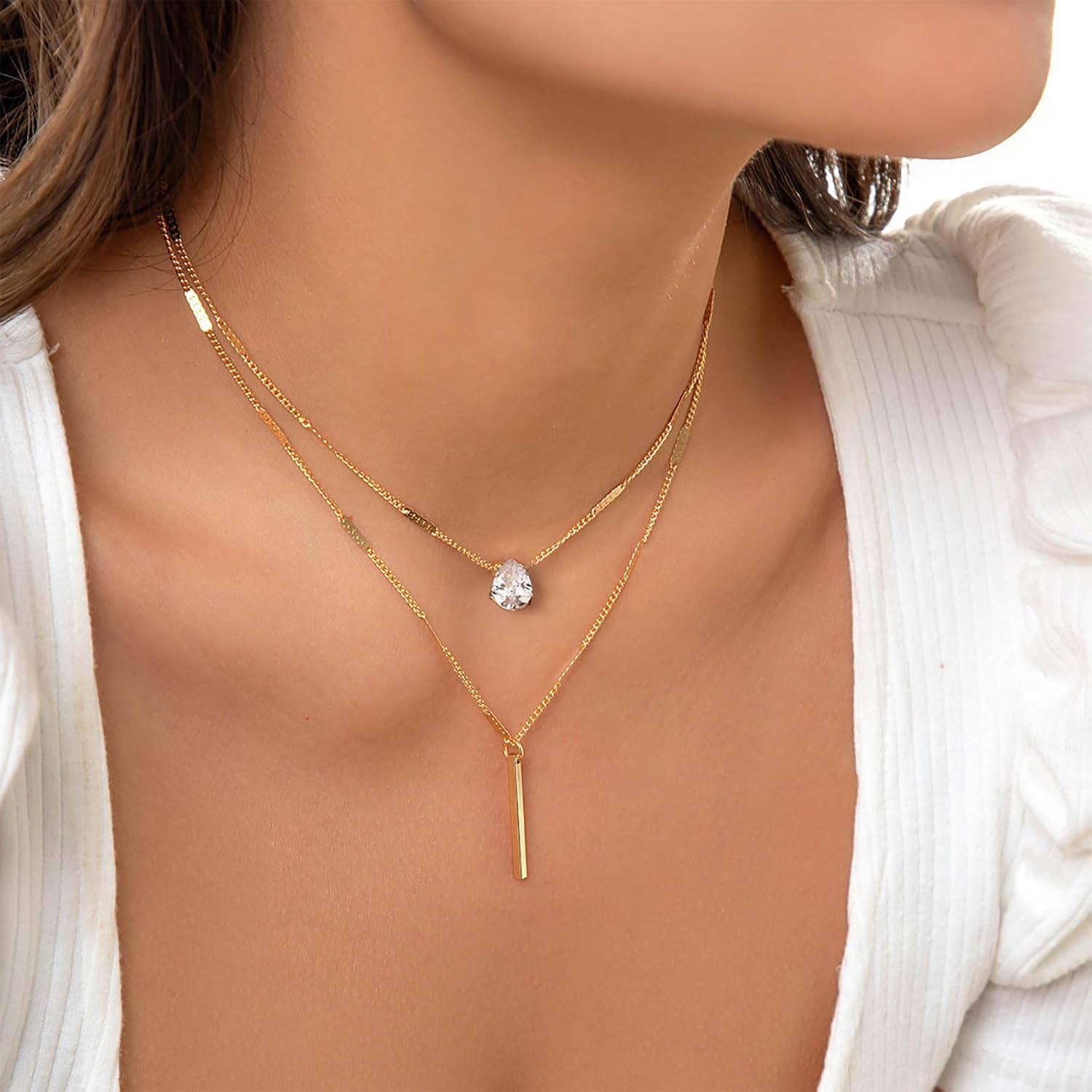 Boho Layered Wedding Vertical Pillar Tiny Bar Pendant Necklace Silver Gold Cute Dainty Pear Crystal Teardrop Cz Necklace Simple Thin Chain Choker Sparkly Small Rhinestone Delicate Minimalist Women - Image 3