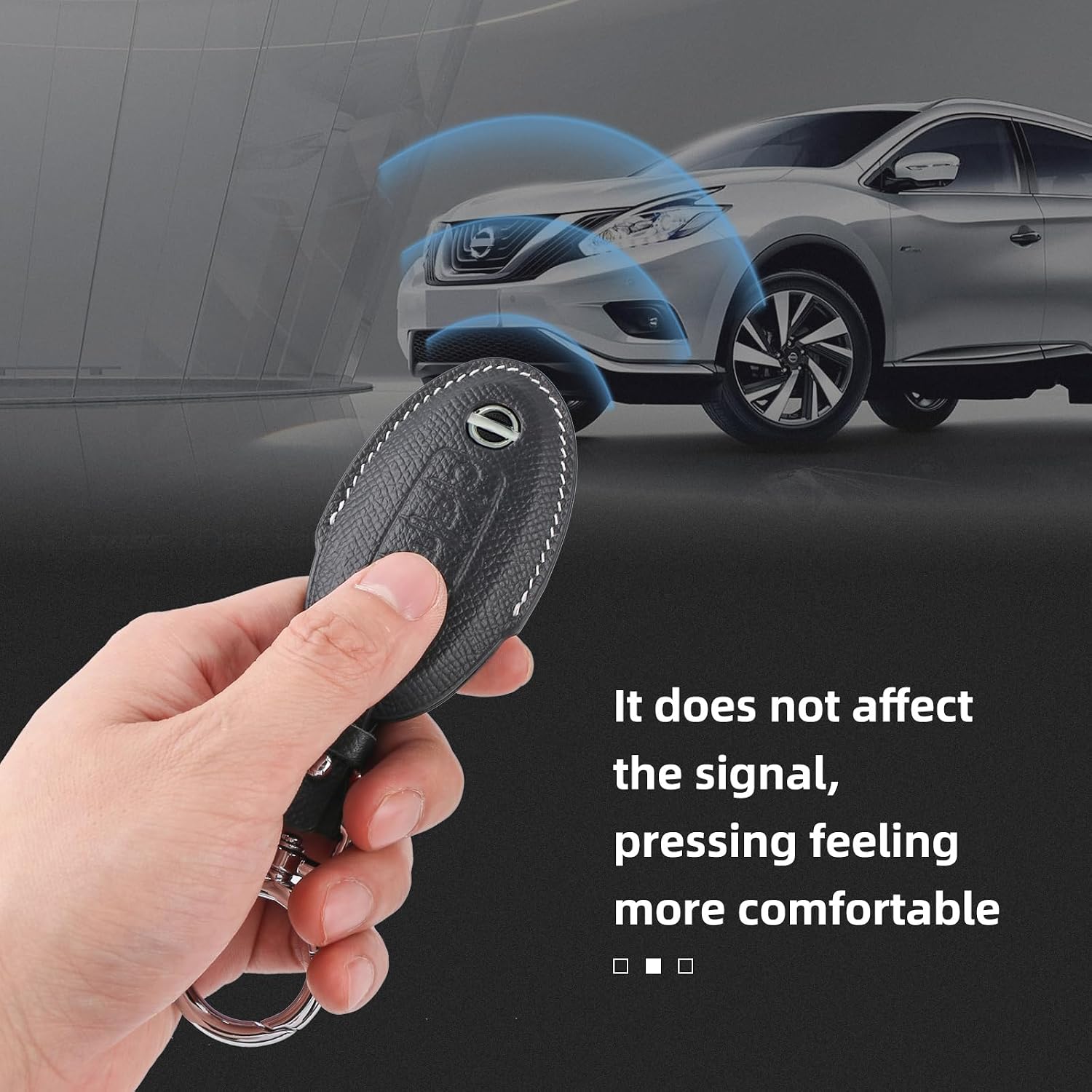 Leather Key Fob Cover with Keychain,Key shell Compatible with 5 Button Nissan Altima Pathfinder Armada Murano key (Black)