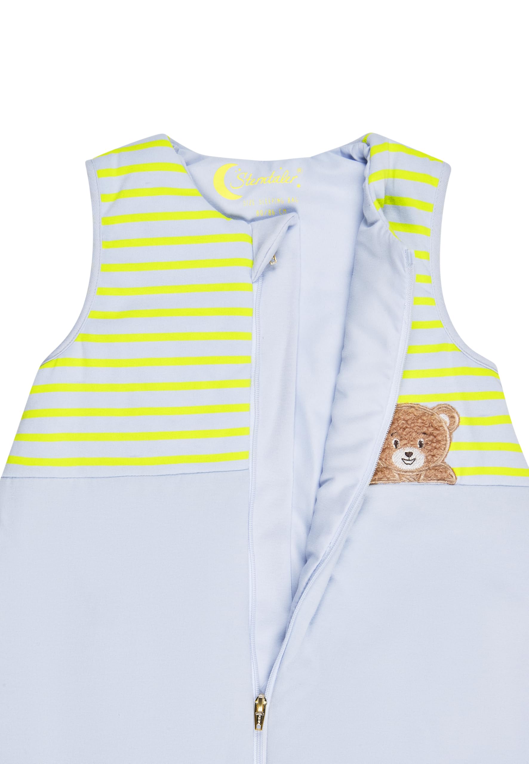 Sterntaler Schlafsack mit Beinen Bär Bo aus Baumwoll-Jersey, Hydrocool-Futter, integrierte Stulpen an den Beinen, Zwei-Wege-Reißverschluss und Applikation auf der Brust; eisblau; 1,50 TOG, Größe 74