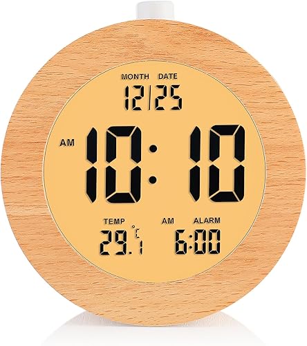 Miniatura 9 de Plumeet Reloj Despertador Digital de Madera para Dormitorios, Reloj Despertador de Madera de 4'' Alimentado por Batería con Repetición y Luz