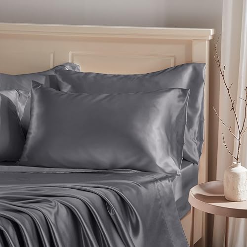 Manyshofu Funda de almohada de satén gris oscuro para protección del cabello, 2 fundas de almohada tamaño Queen, fundas de almohada lujosas y