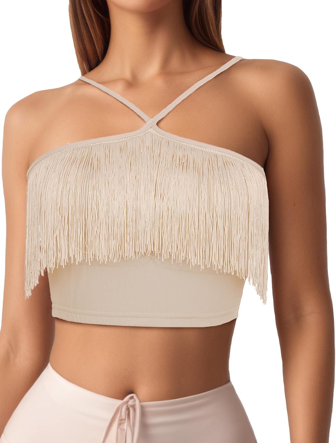 FEOYA Women's Tassels Halter Bra Top Latin Dance Tube Top with Chest Pads Belly Dance Performance Costume Clubwear