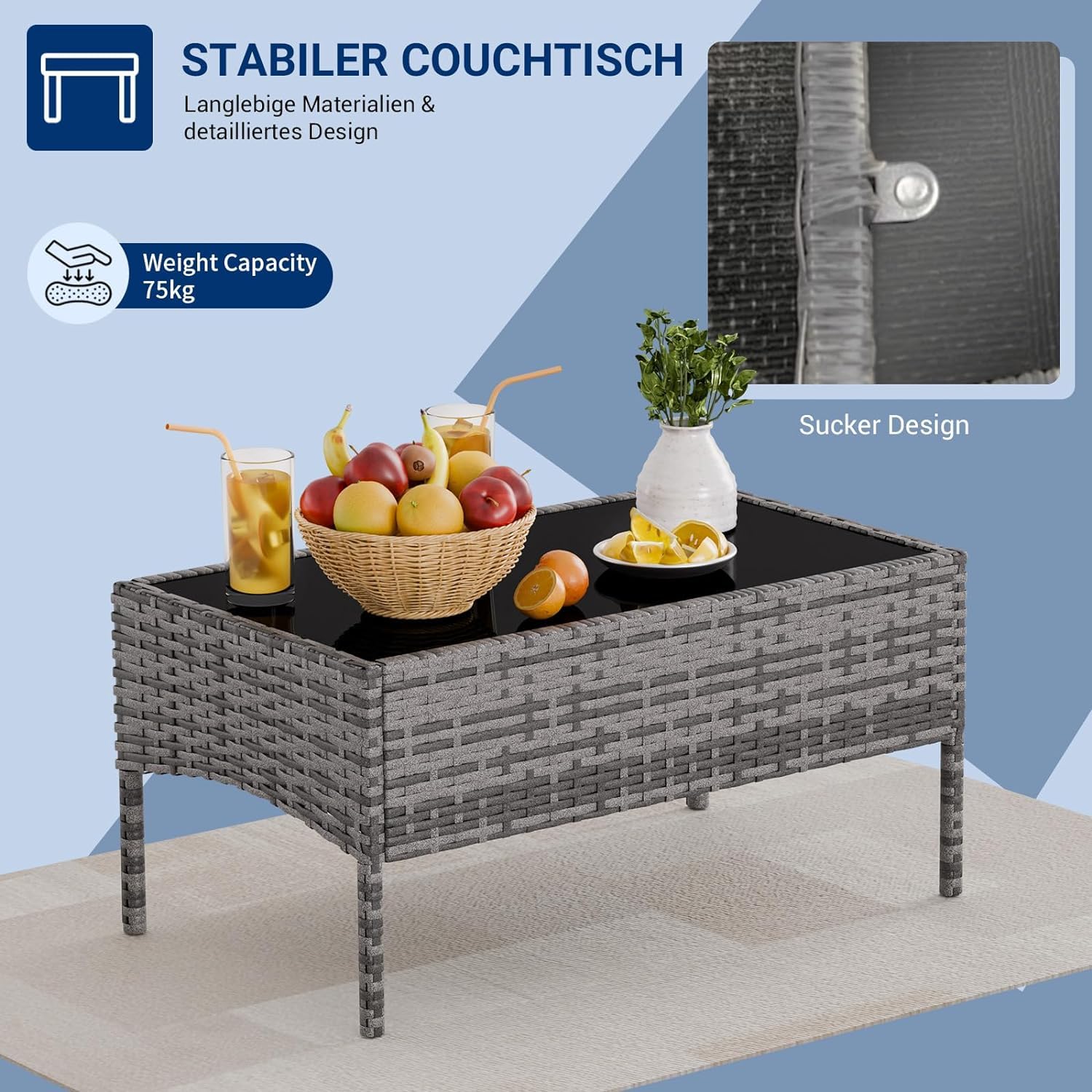 UDPATIO Polyrattan Sitzgruppe Fort 4 Personen Tisch mit 2er Sofa, 2 Stühle & Sitzkissen für Terrasse, Balkon, Garten, Balkonmöbel Rattan Gartenmöbel Set, Grau-meliert & Dunkelgraue Bezüge
