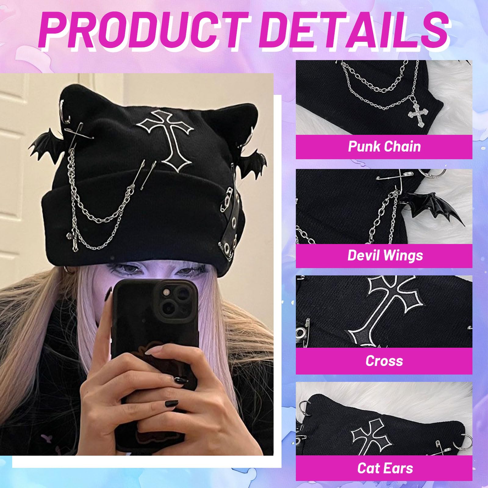 Czapka typu beanie z kocim wzorem, akcesorium do czapki Goth Punk z kocimi uszami dla kobiet, czapka beanie w stylu Y2k Grunge Gothic z dzianiny, czapka damska z łańcuchem, na festiwale